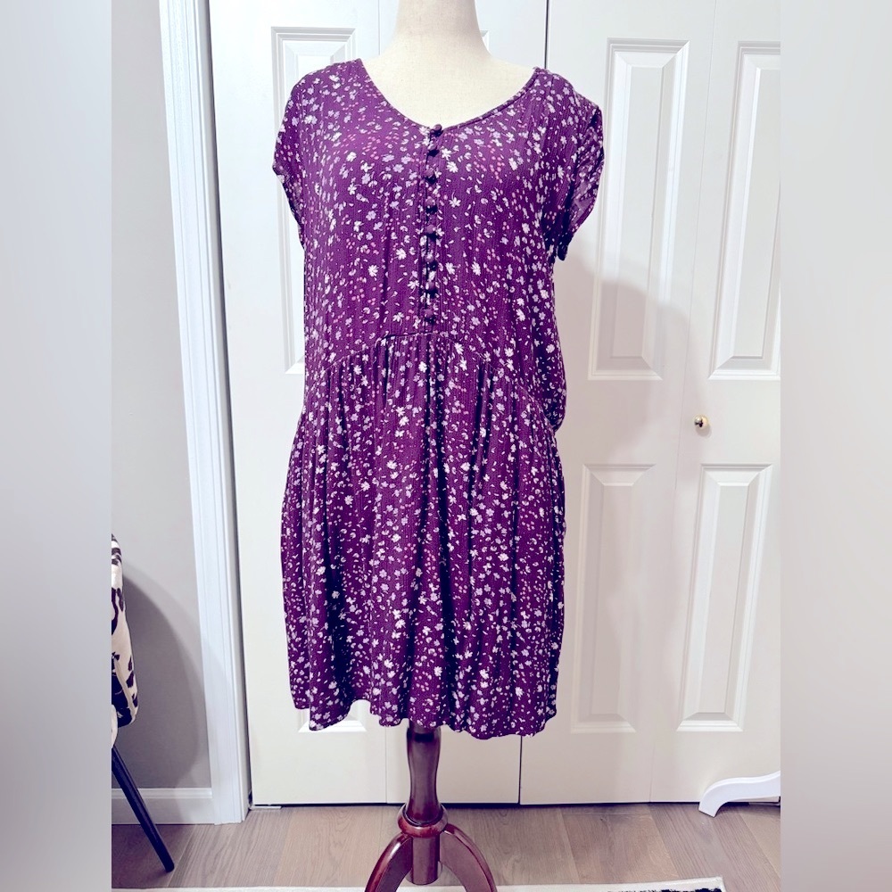 Garnet Hill EUC❤️Purple Floral Crepe Dress Gathered Drop Waist w/ pockets. - Picture 3 of 8